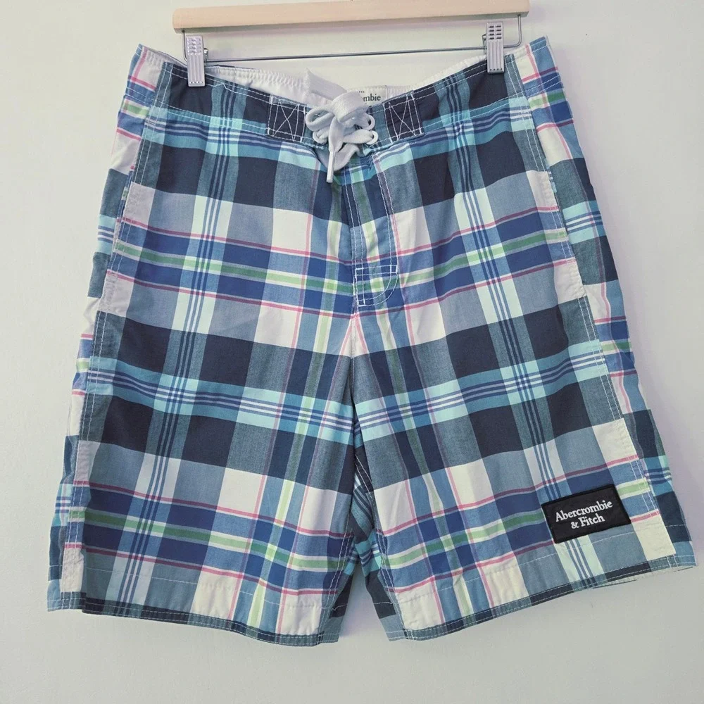 Abercrombie & Fitch Board Shorts Blue Plaid Swim Trunks Mens‎ Size Large